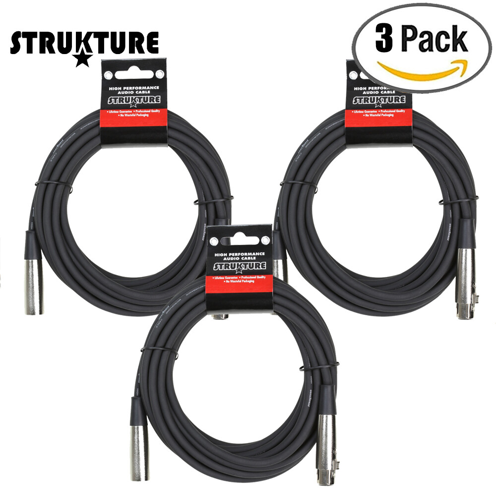 3-PACK Strukture PRO20M7 20FT XLR 7mm PVC High Quality Microphone Cable