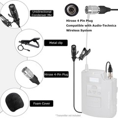 Black Lavalier Microphone For Audio Technica Wireless System With Hirose 4 Pin