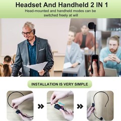 Wireless Microphone Headset, UHF Dual Cordless Microphones System, USB-C Char…