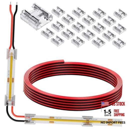 20 Pack COB 0.31in(8mm) 2 pin Transparent Connector, 6.6FT(200cm) Long 20AWG