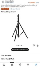 Amazon Basics Steel Height-Adjustable Tripod Speaker Stand, 52-73 in, Black