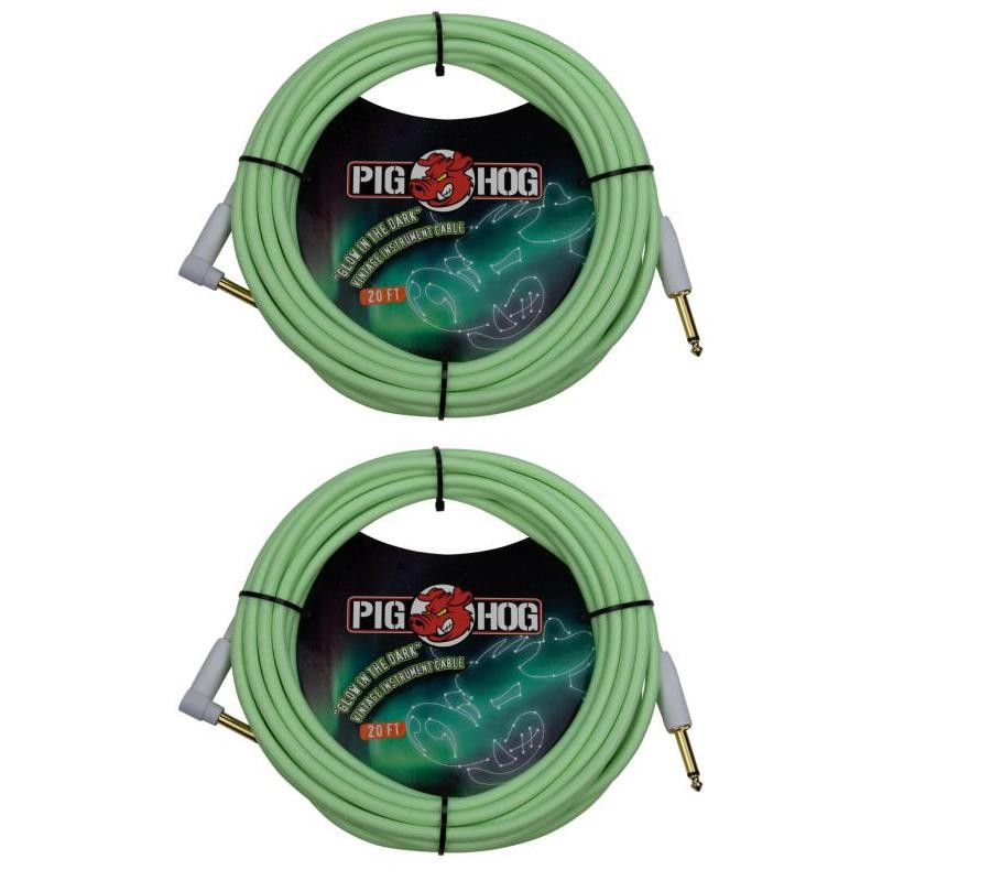 PIG HOG PCH20GLOR GLOW IN THE DARK INSTRUMENT CABLES, RIGHT ANGLE 20FT 2 Pack