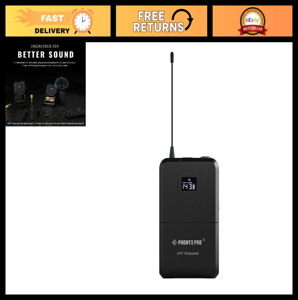 Wireless Bodypack Transmitter & UHF Microphone, Selectable Frequencies, Mute Fun
