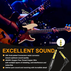 1/4 Inch TRS Instrument Cable 6.6 Feet 2-Pack, Straight-To-Right Angle 6.35Mm Ma