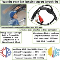 CCTV Microphone with Preamp RCA Audio Out, Adjustable Gain for DVR/NVR & IP Came