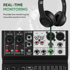 Audio Mixer 4 Channel Sound Mixer Console, Professional Music Mixing Board DJ…