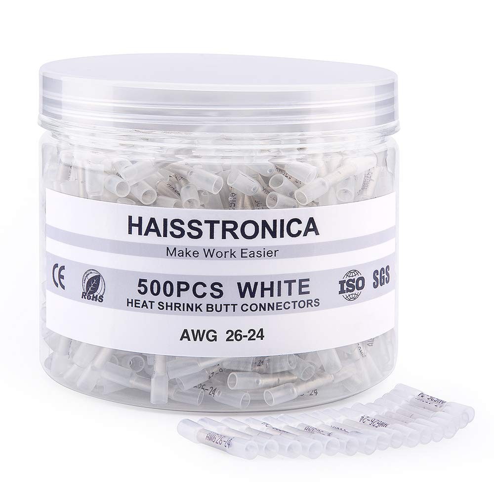 Haisstronica 500PCS White Heat Shrink Butt Connectors – 26-24 Gauge,