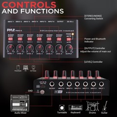Pyle 6-Channel Bluetooth Mini Line Mixer with USB Audio 6 Channel, Black
