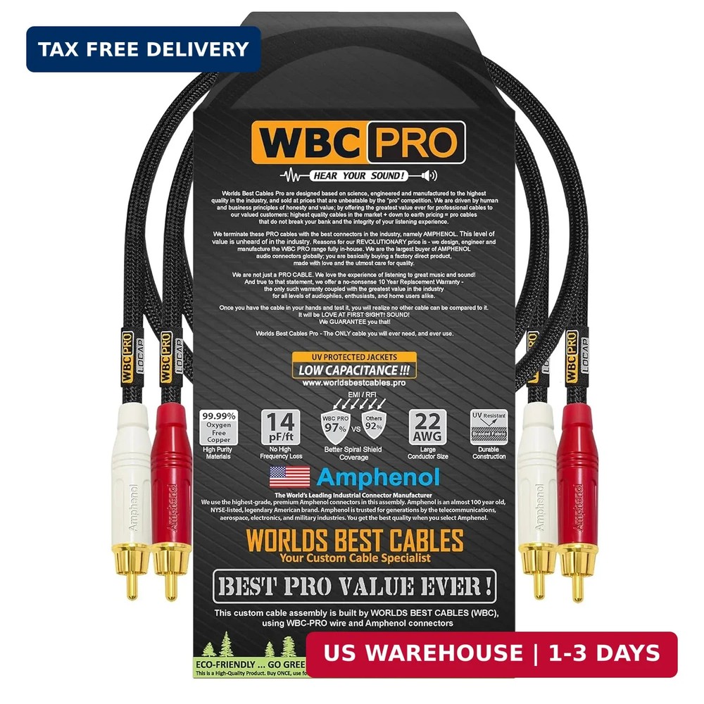 1.5 Foot RCA Cable Pair – WBC-PRO-LOCAP Low-Capacitance (14pF/ft) 22 AWG Ultra-S