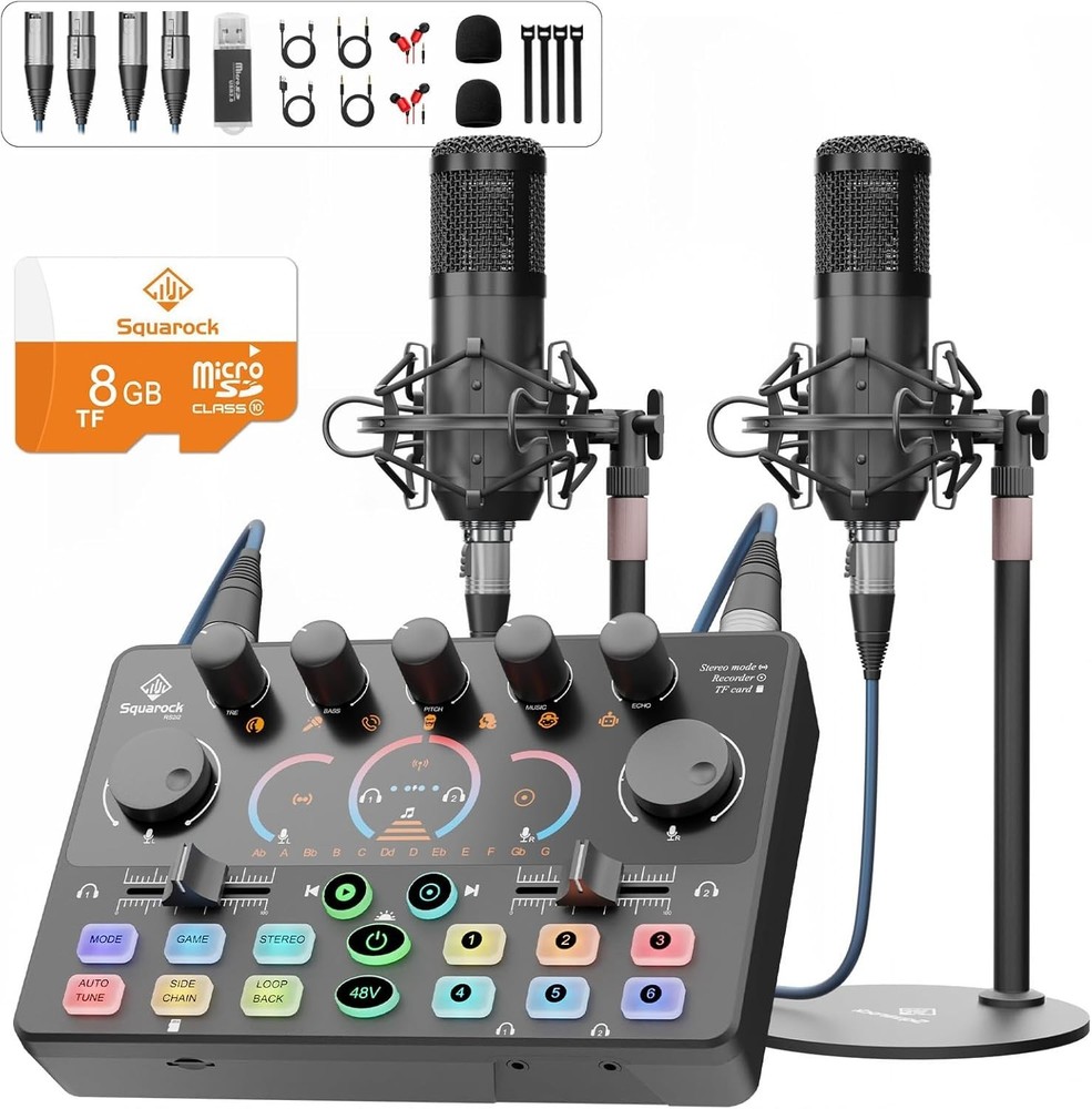 Podcast Equipment Bundle for 2, Audio Interface with 8GB Memory Card and XLR Co
