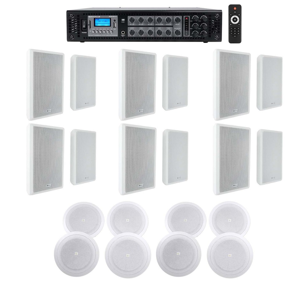 6-Zone Amplifier+12 White Wall+8 JBL 8″ Ceiling Speakers For Restaurant/Bar/Cafe