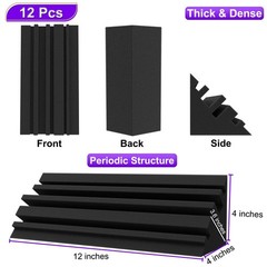 12 Pack Bass Trap Acoustic Foam Corner Panels 4x4x12 Inch Sound Absorbers