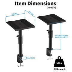 Clamp-on Speaker Stand Desk Mount Set, Height Adjustment, Swivel, 9.6 x 8.8 i…