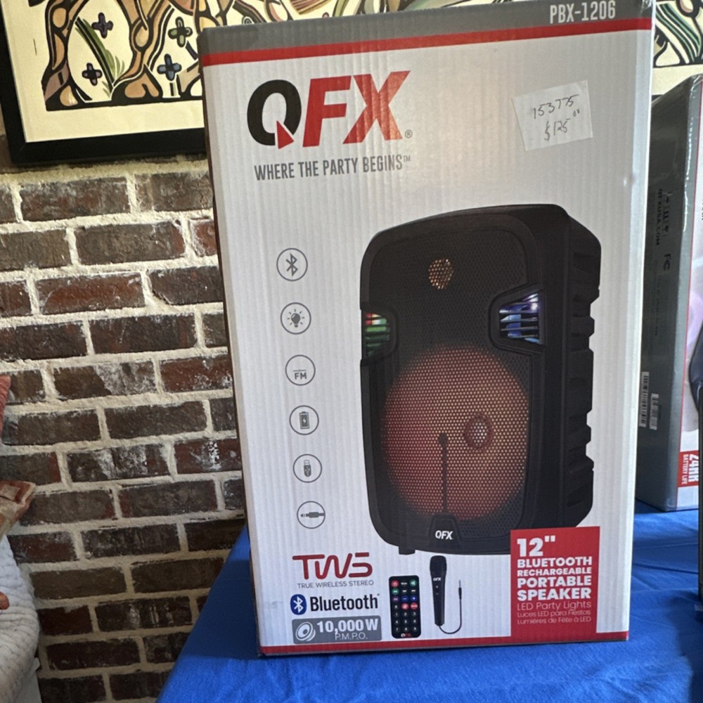 QFX PBX-1206 12″ Bluetooth Portable Speaker 10,000W LED Party Lights FM Radio