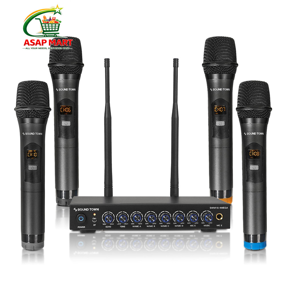Sound Town 200 Channels Wireless 4 Metal Mics, Black & Gray & Blue & Orange