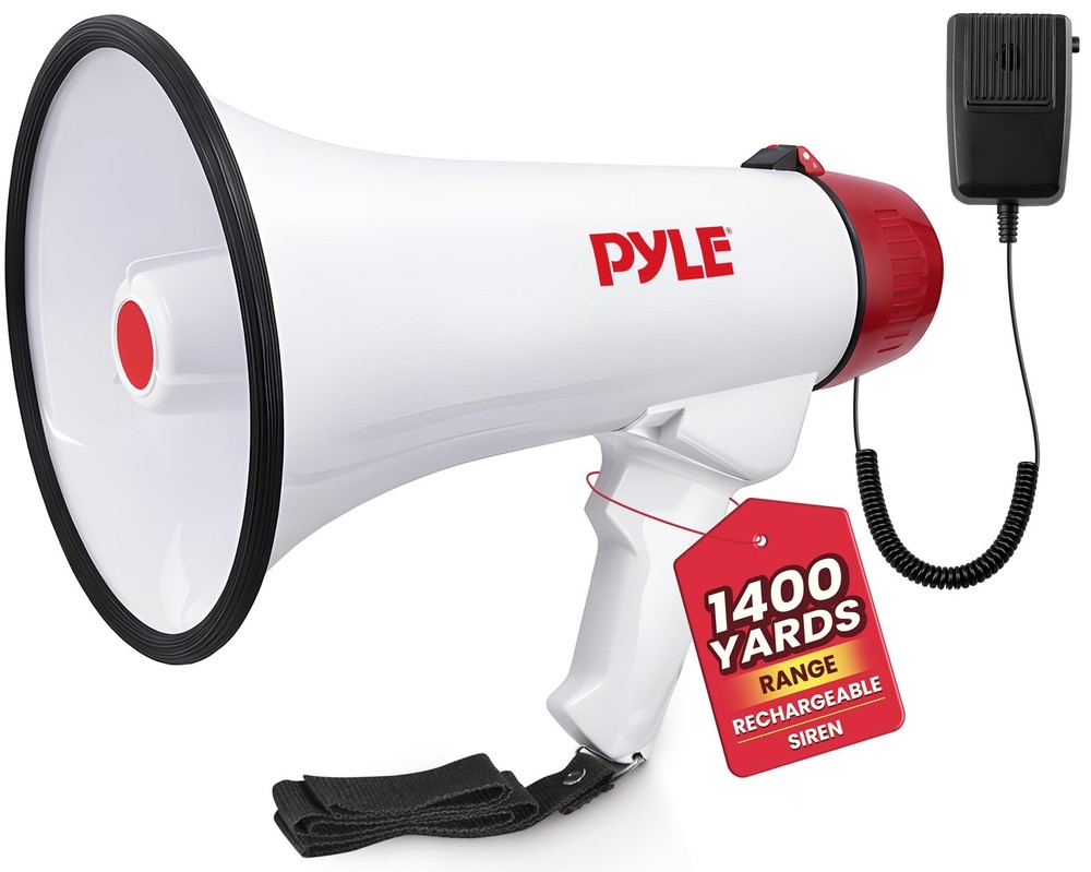 Pyle 40W Megaphone Bullhorn with 1400-Yard Range, Built-in 9X8X13, White