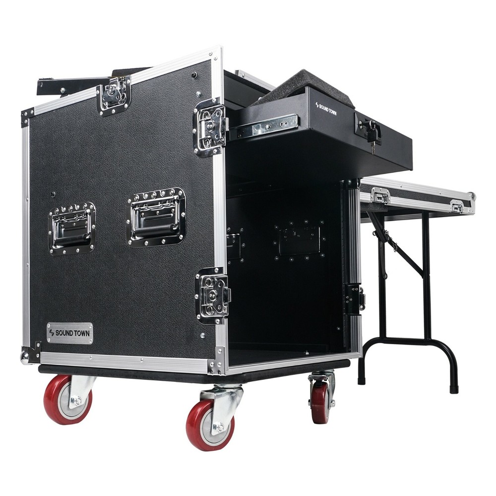 Sound Town 12U DJ Rack Case w/11U Slant Mixer Top Casters Lock Drawer STMR-12TD2