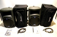 One Pair Mackie SRM 450 Powered Active PA Speakers W/Mackie Gig Bags, Cords, Man