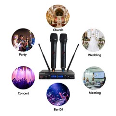 2 Channel UHF Wireless Microphone System Dynamic Pro Audio Handheld Mic Karaoke