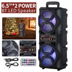Dual 6.5″ Party Portable Bluetooth Speaker Heavy Bass Sound Remote FM LED Light