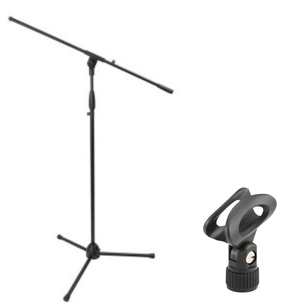 One-Hand Clutch Tripod Mic Stand + Universal Elliptical Rubber Microphone Clip