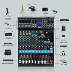 12 Channel Bluetooth DJ Audio Mixer USB Interface 48V Phantom Power FX Streaming