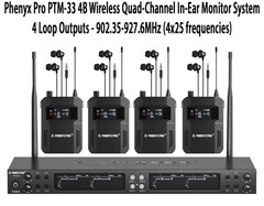 Phenyx Pro PTM-33 4B Wireless Quad-Channel In-Ear 4 Loop Outputs Monitor System