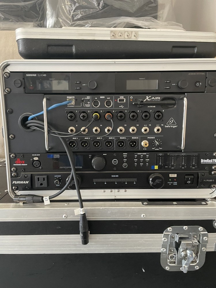 Behringer X Air XR16. Shure Slxd4d, Driverack Pa2, Furman Pl-plus C. P.C. Case 6