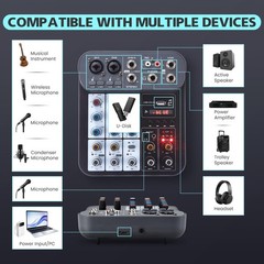 4 Channel DJ Audio Mixer, DJ Mixers Sound Board, Sound Mixer Board XLR 1/4 Inter
