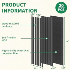 20-Pack 12″ x 24″ Soundproof Wood Slat Panel, 40 Sq.Ft. 3D 24×12 Inch Black