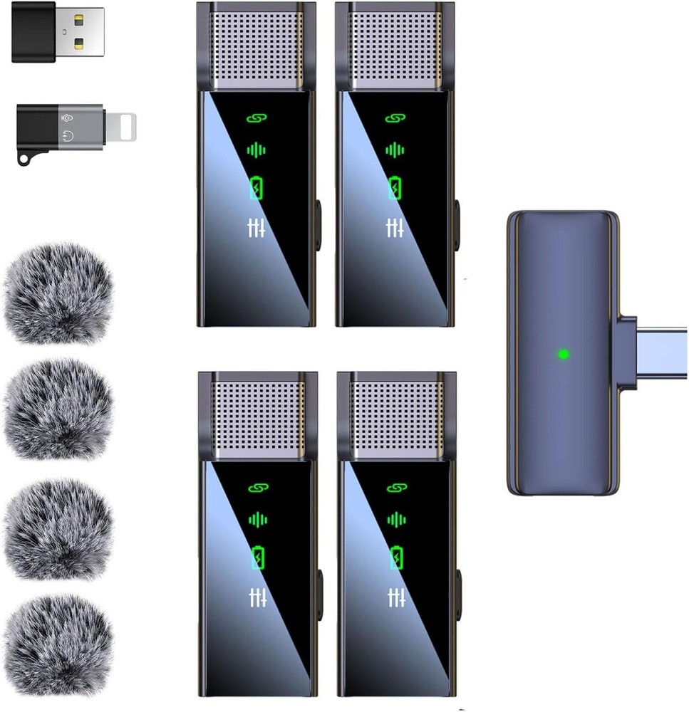 4x Wireless Lavalier Lapel Mic System iPhone Android USBC iOS 48kHz 24 Bit 4 Mic