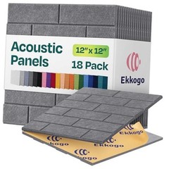 18-Pack Acoustic Wall Panels – 12″x12″x0.4″ Decorative Self-Adhesive Pebble Gray