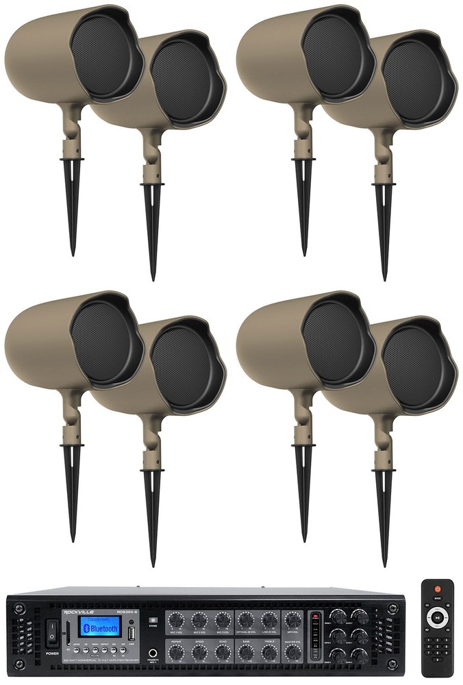 8 JBL GSF6-TN 6.5″ Landscape Ground Stake/Wall Mount 70v Commercial Speakers+Amp