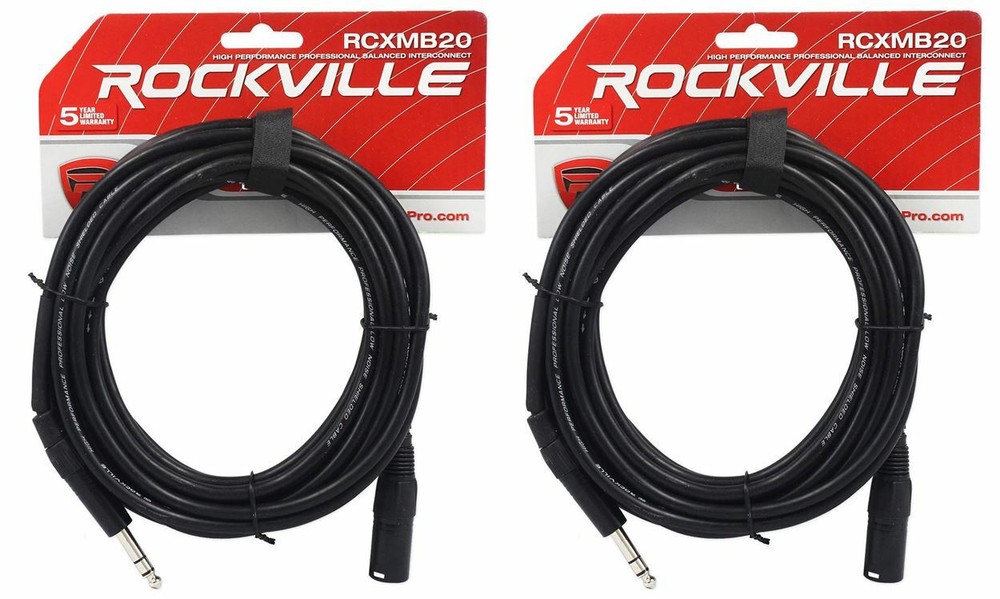 2 Rockville RCXMB20-B Black 20′ Male REAN XLR to 1/4“ TRS Balanced Cables
