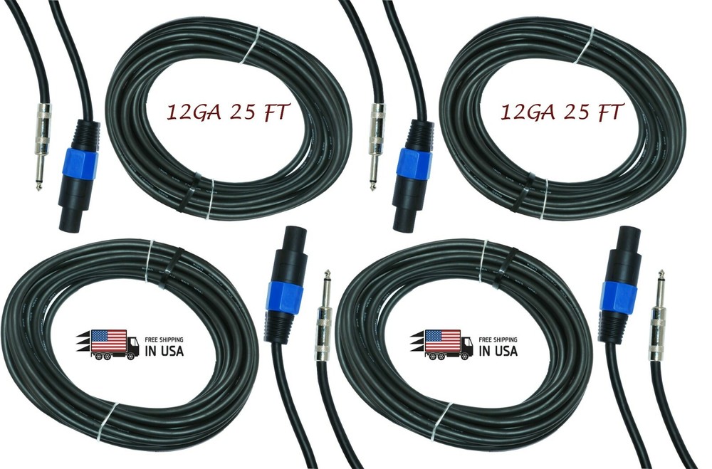 4X EMB PRO 12 GAUGE 25 FT SPEAKON TO QUARTER PA AWG SPEAKER CABLE WIRE SQ-1225