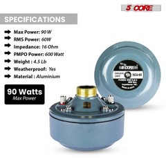 5 Core Compression Driver 2″ Horn Tweeter 600W Titanium Diaphragm 16 Ohms