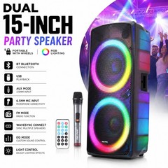 Dual 15″ Transparent Shell Bluetooth Party Speaker with Mic Remote RGB Light