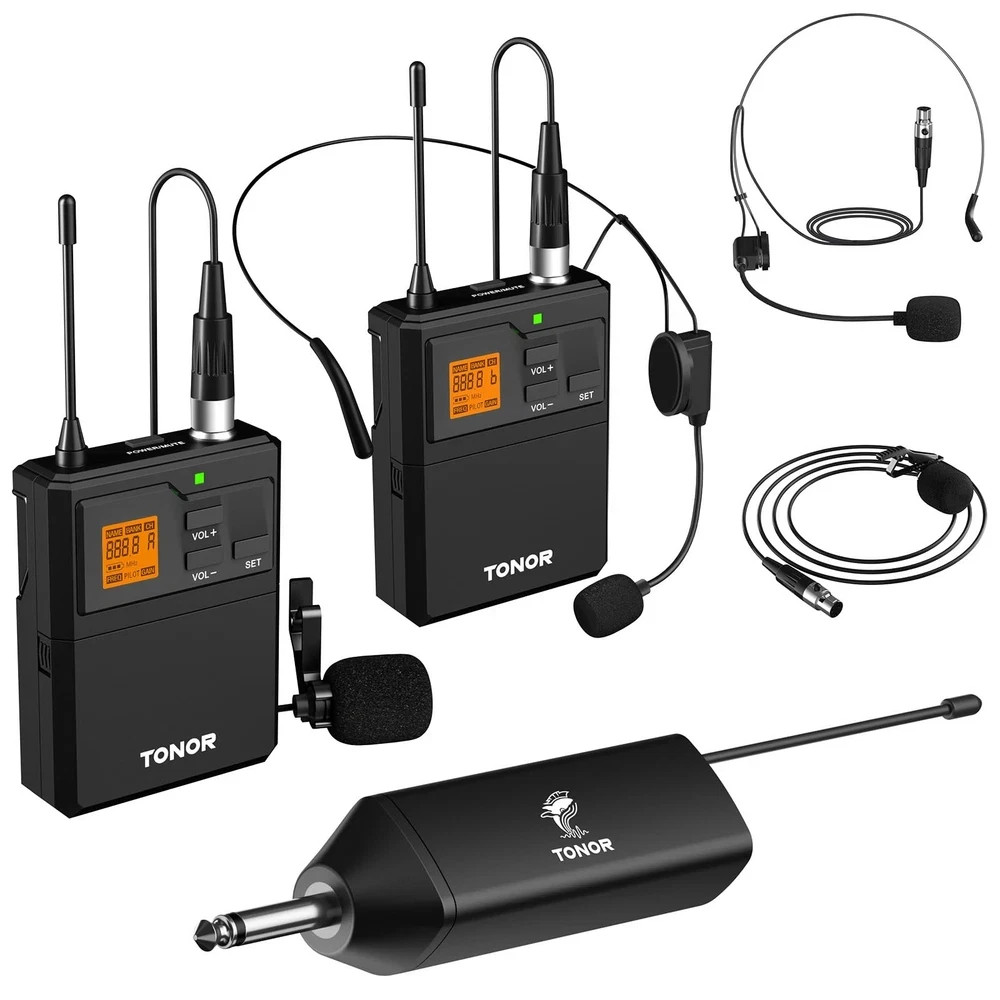 Wireless Microphone System UHF 200ft Range Rechargeable 2 Mics TONOR Headset