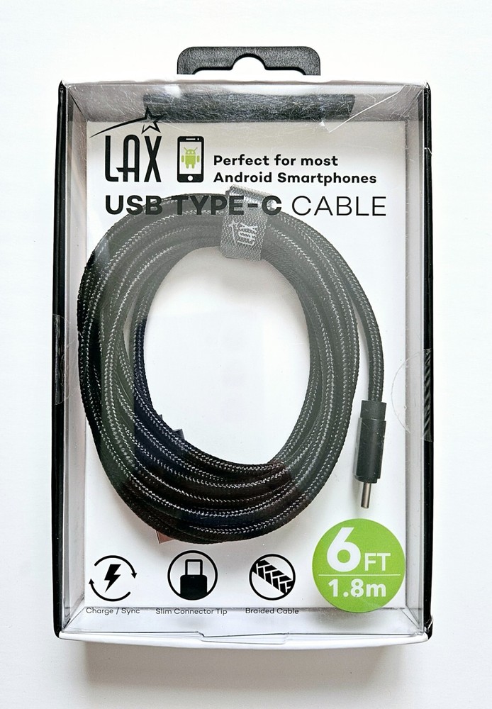 LAX USB Type C Cable Braided Nylon 6 ft Black NEW