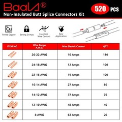 BAALA 520 PCS Non Insulated Butt Connectors 520PCS 26-8 Gauge, Bare Copper