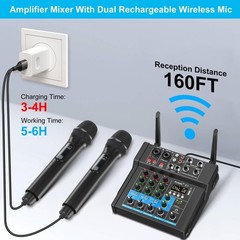 150W x2 Powered Amplifier Audio Mixer,4 Channel with Dual Wireless Mic Sound …