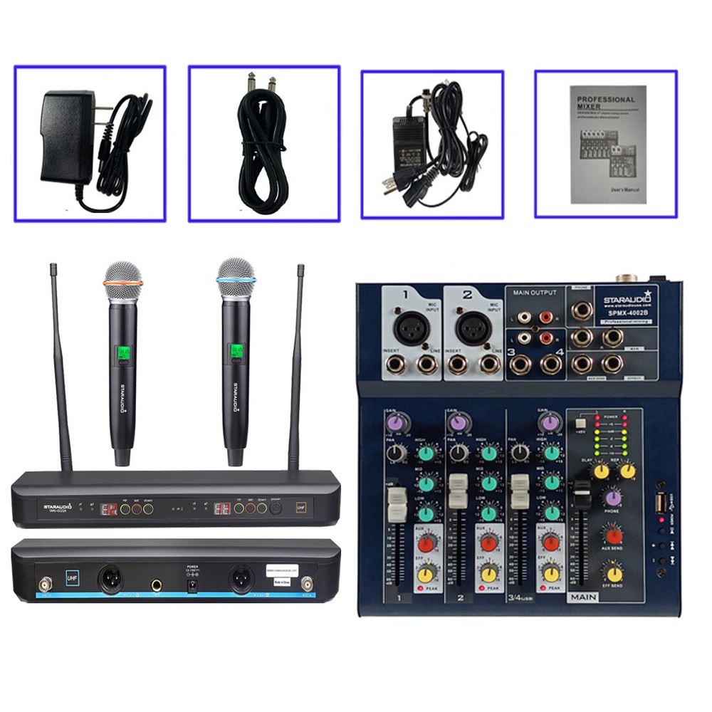 2CH Wireless UHF Handheld Microphone W/ 4ch Mini Studio mixer Effects DJ Mixing