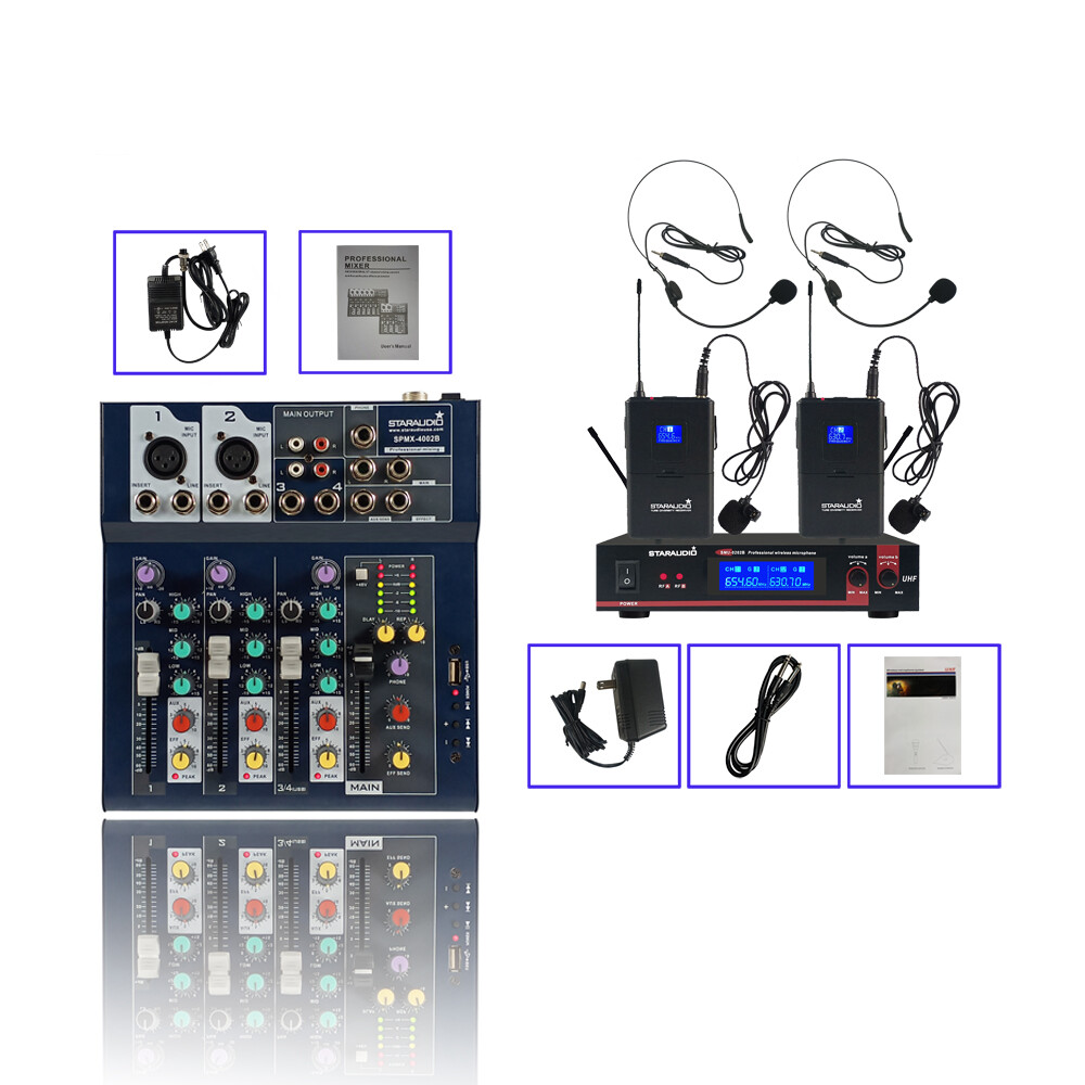 4 Channel Party USB Mixing Console Live Sound Mini Mixer Headset UHF Microphone