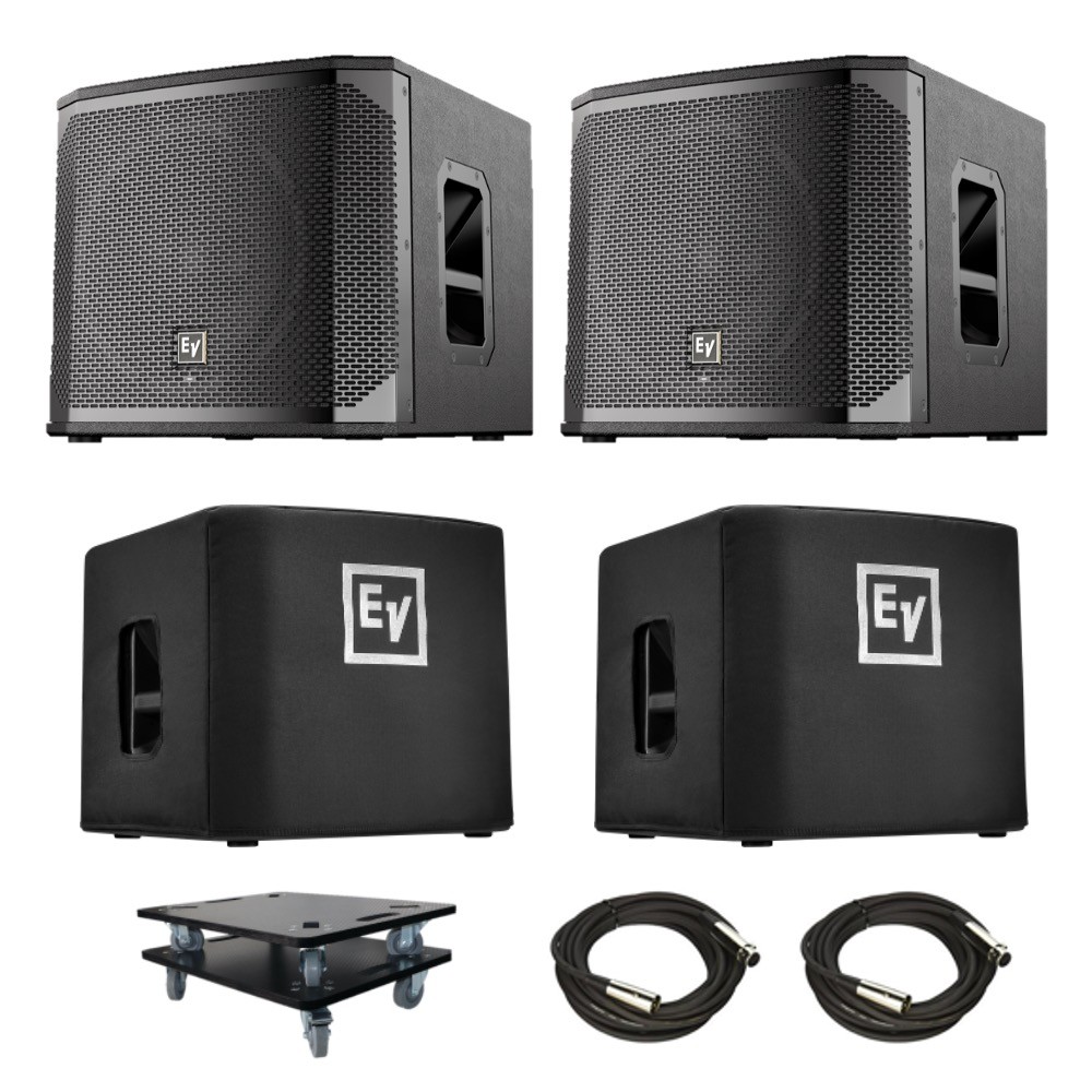 Two Electro-Voice ELX200-12SP 12″ powered subwoofers + Covers & Dollies