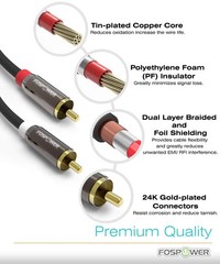 FosPower 2 RCA M/M Stereo Audio Cable [24K Gold Plated | 3 Feet, 0.9m / 3ft