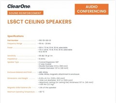 ClearOne LS6CT Ceiling Speaker White 6.5″ Woofer 8 Ohm 2-Way Magnetic Grille