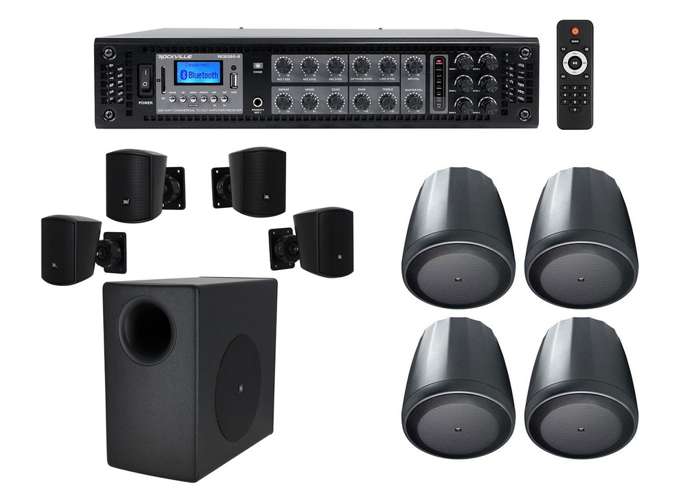 JBL Subwoofer+(4) Satellite+(4) Pendant Speakers+350w Amp For Office/Store/Gym