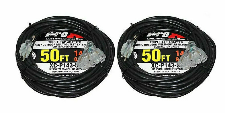 2 Extension Cables 50 ft Power DJ 14 AWG 3 Socket Female to Male AC 3 Prongs