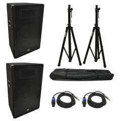 (2) Harmony Audio HA-V15P DJ 15″ 900W PA Speaker Speakon to 1/4″ Cables & Stands