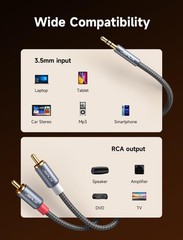 JSAUX RCA to 3.5mm Cable 6.6ft, Aux Headphone Male Grey